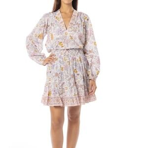 Bindu Women Floral Smocked Waist Tiered Mini Skirt Pink Purple Cotton NWT XL